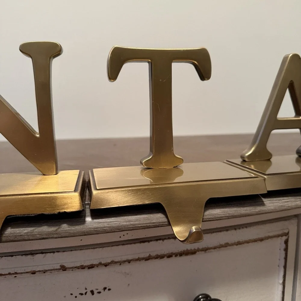 Vintage Gold Brass Letters SANTA Mantel Hook Stocking‎ Holder Hanger 5 pc Set
